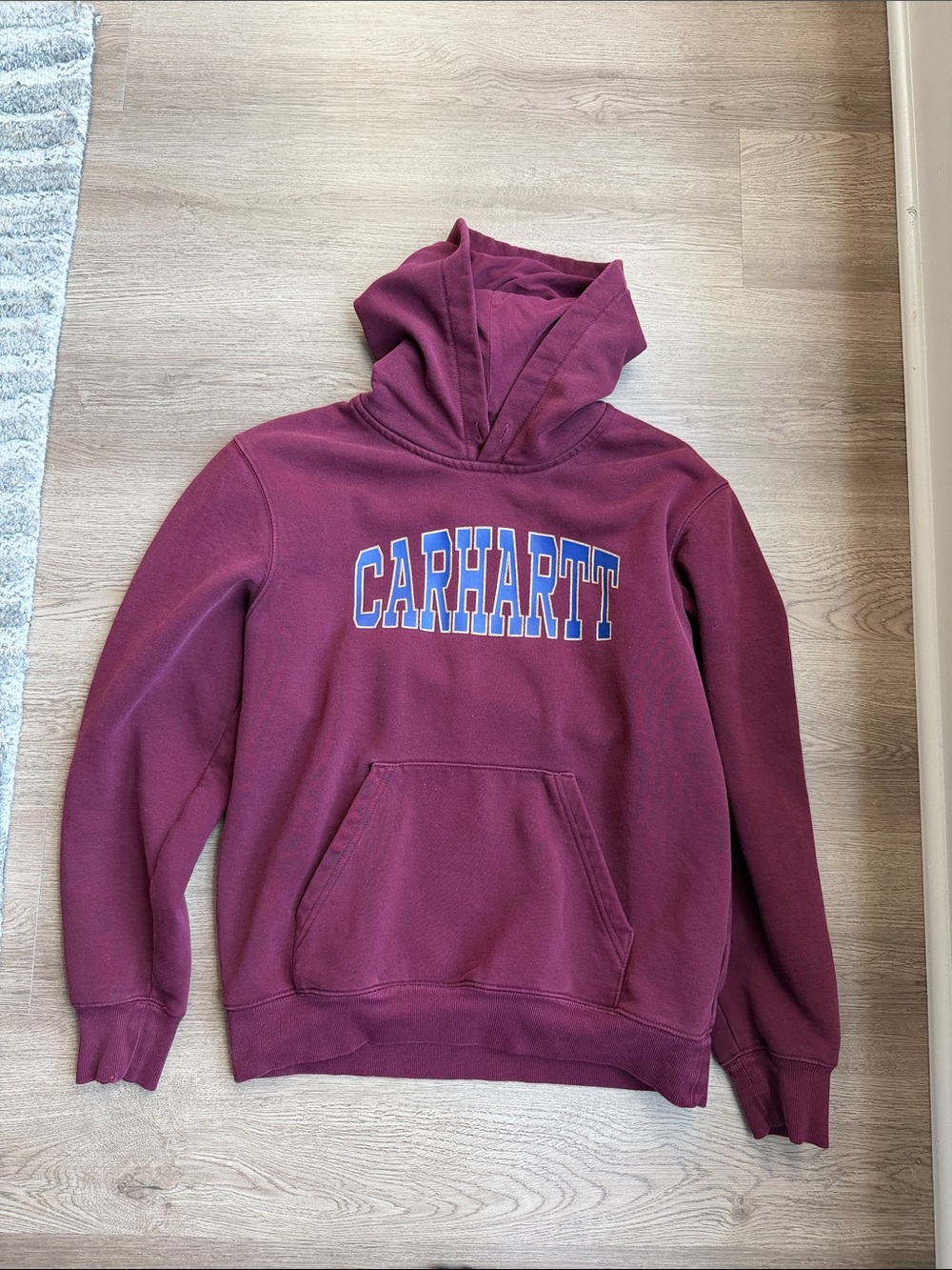 Carhartt Men's Burgundy Pullover Hoodie with Blue Logo